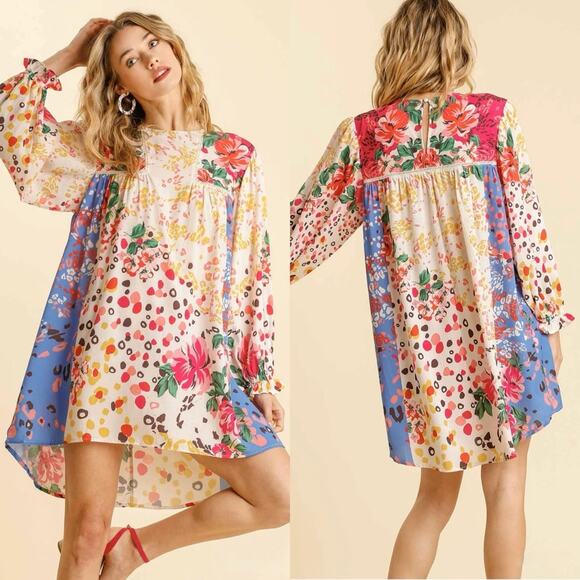 UMGEE Mixed Print Crochet Trim Dress Cream/Blue Floral Animal Print S Coquette - Picture 1 of 13